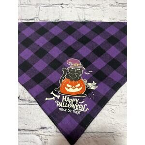 Trick Or Treat Black Cat Flannel Purple‎ Black Buffalo Plaid Dog Bandana 26”x17”